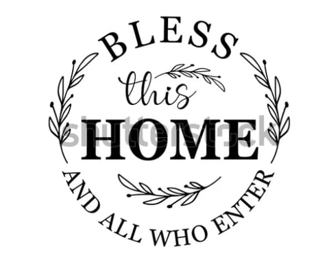 Circular home blessing sign with decorative leaf borders featuring text Bless this Home and all who enter