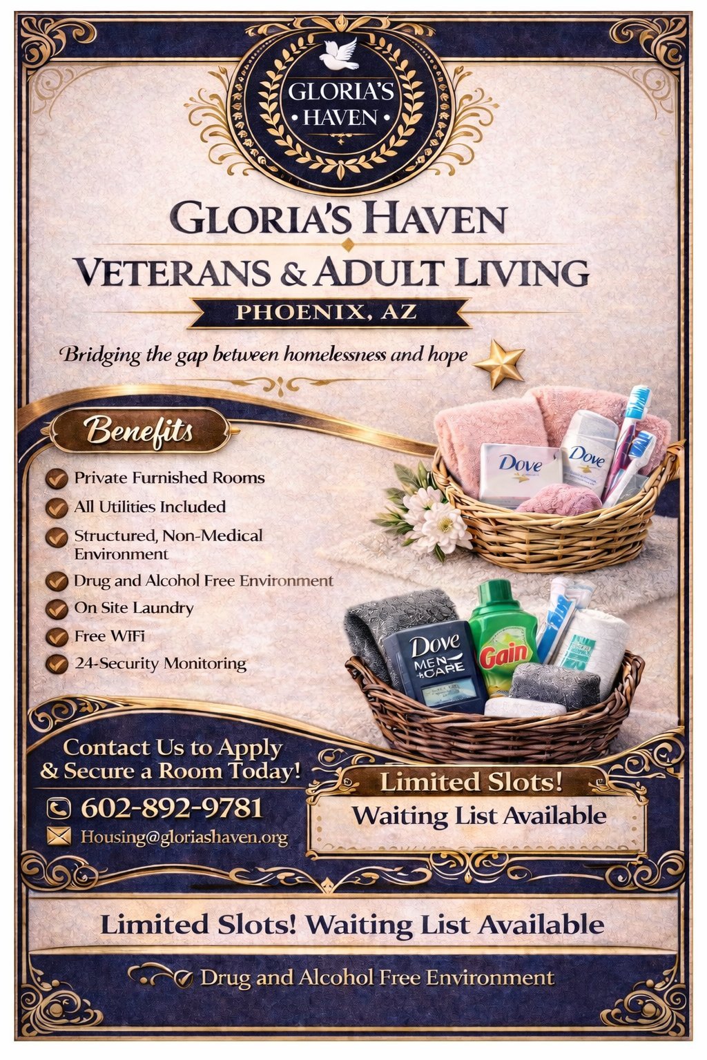 Glorias Haven Veterans and Adult Living facility promotional flyer for Phoenix, AZ with benefits list and contact information