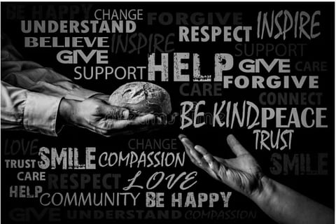 Two hands touching surrounded by positive words like help, love, kindness, compassion, and support